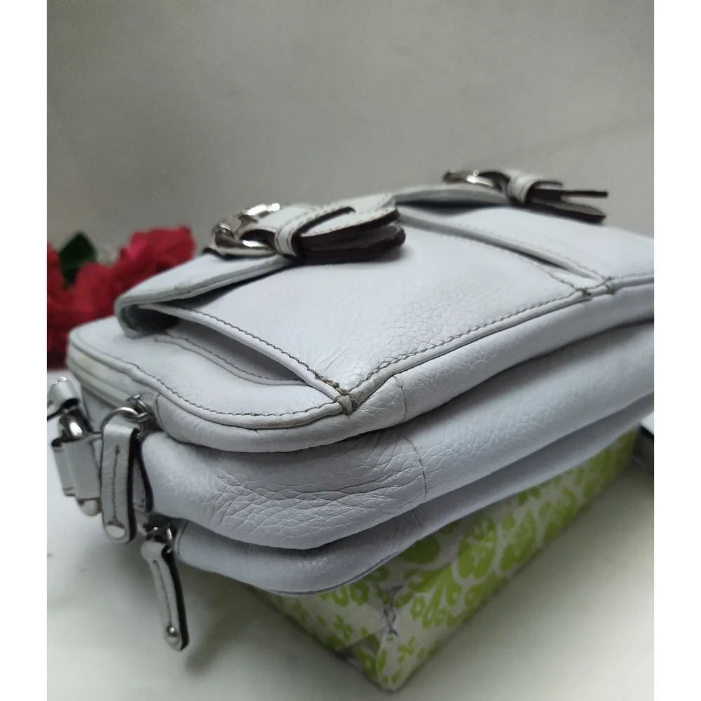 Tignanello White Leather Double Zippers Pockets Crossbody Bag